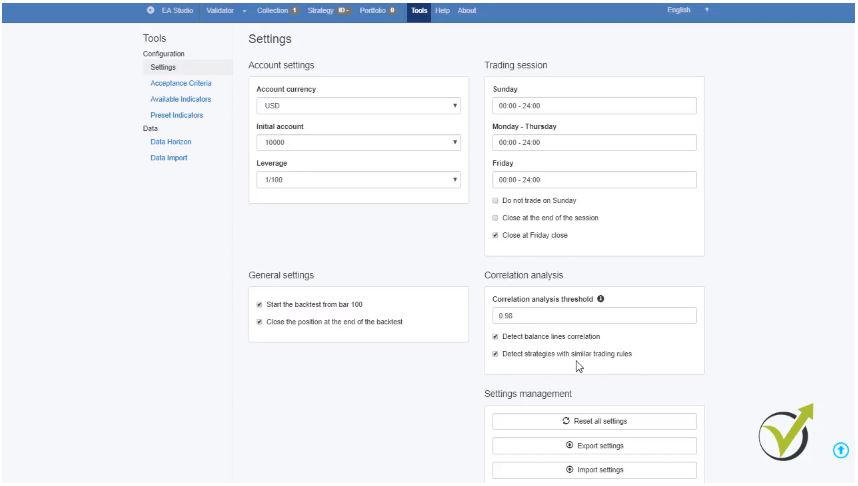 Trading software settings