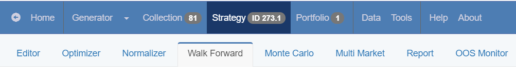 walk forward testing toolbar