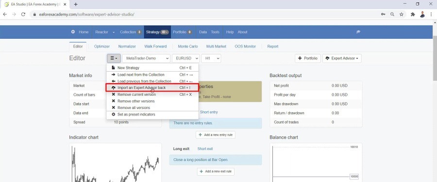 backtest trading strategy expert advisor in EA Studio