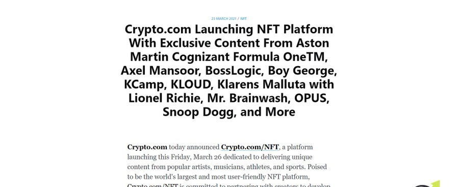 Crypto.com publication regarding the NFC crypto coins platform