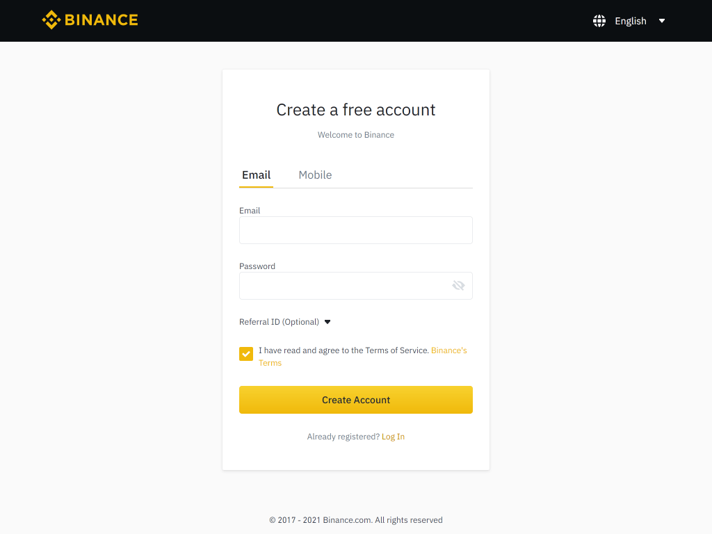 binance registration form