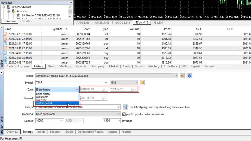 set the metatrader 5 backtesting period