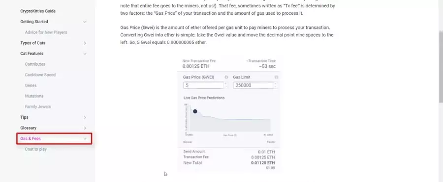 The gas fees on CryptoKitties NFT platfrom