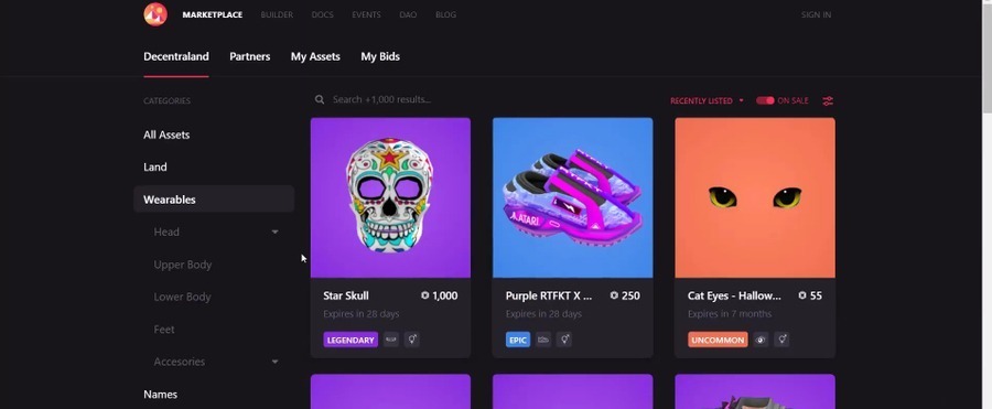 Decentraland NFT game marketplace