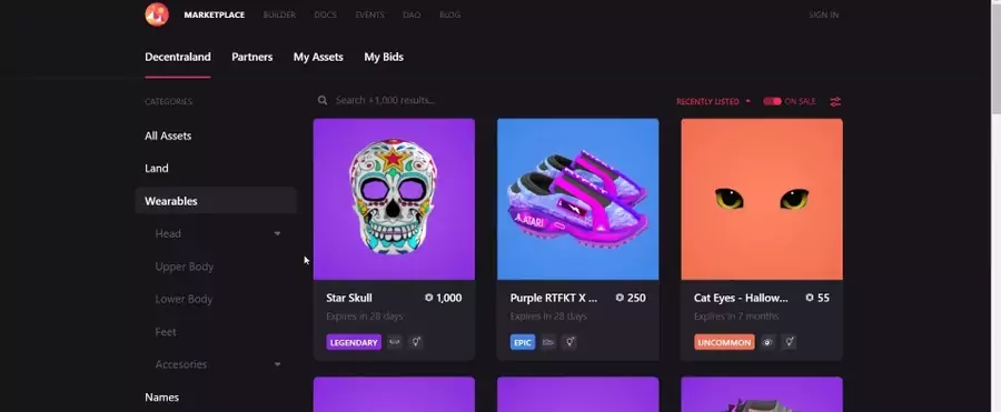 Decentraland NFT game marketplace