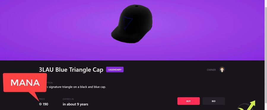 picking a cap from Decentraland marketplace