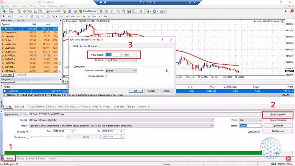 Setting Initial deposit in the Expert properties