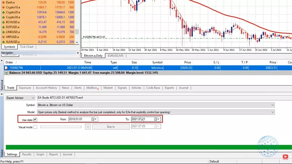 Select the date range for the Bitcoin strategy backtest in MetaTrader