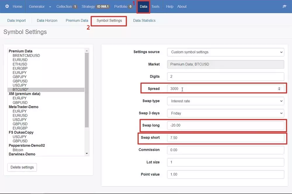 Setting the Symbol Settings in EA Studio