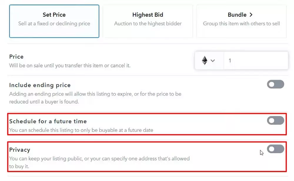 Set Price options