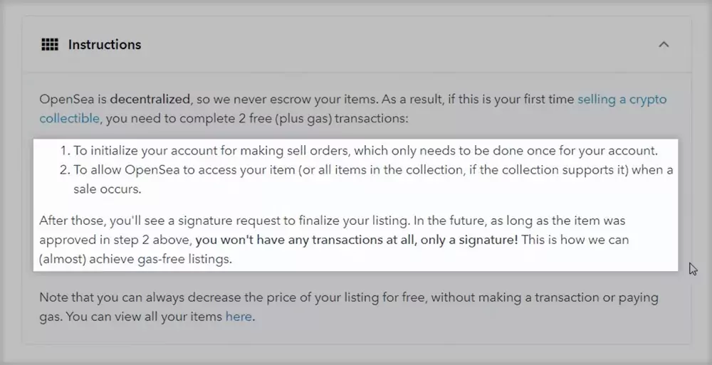 Instructions for selling an NFT