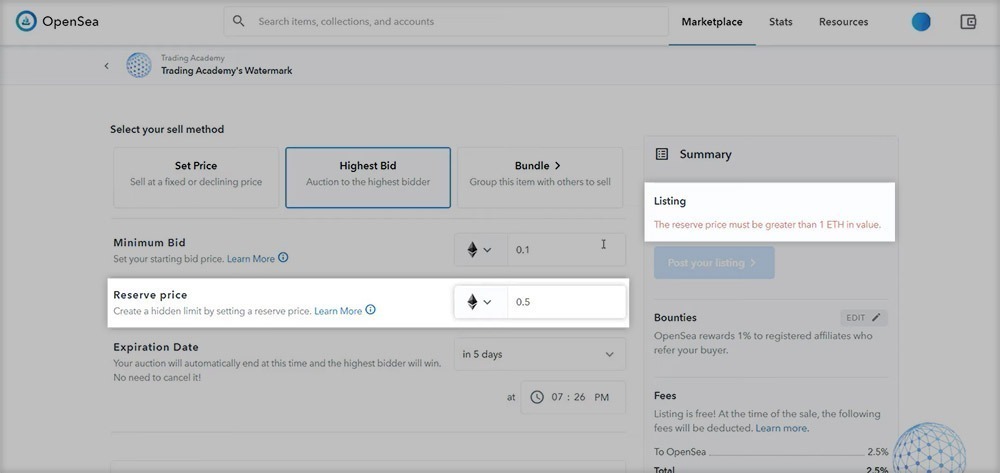 OpenSea minimum Reserved price
