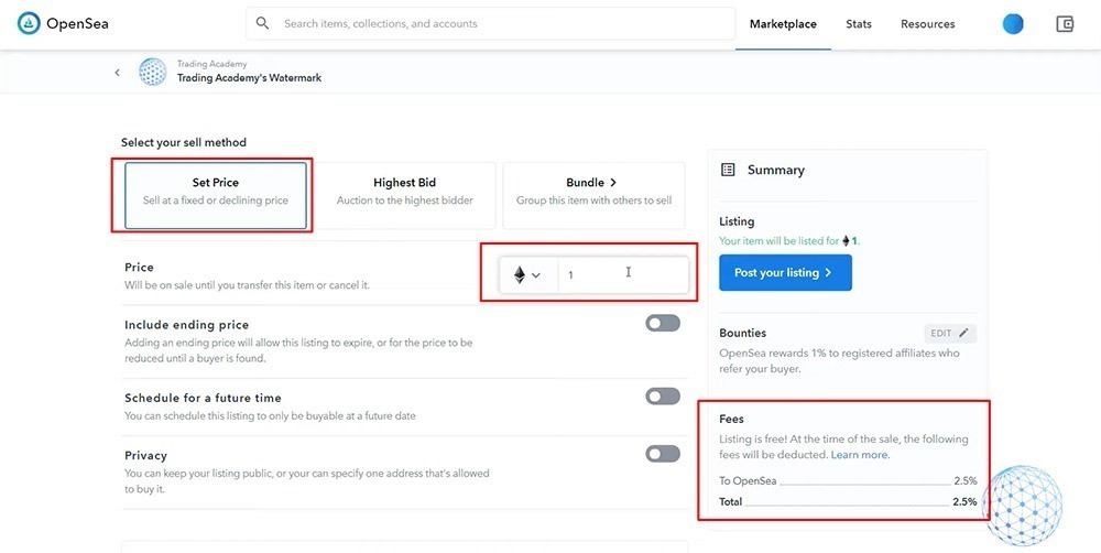 How to sell NFT with a fixed price