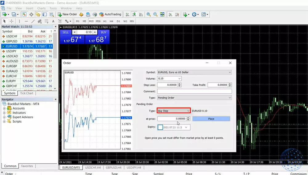 Place a trade with the Buy Stop limit in MetaTrader 4