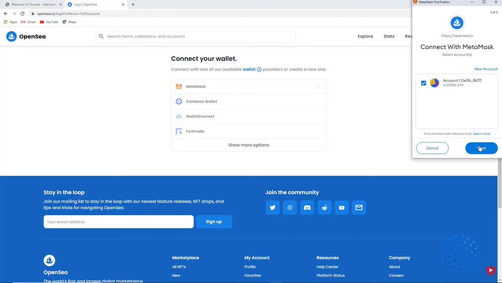 Connecting OpenSea account with MetaMask wallet