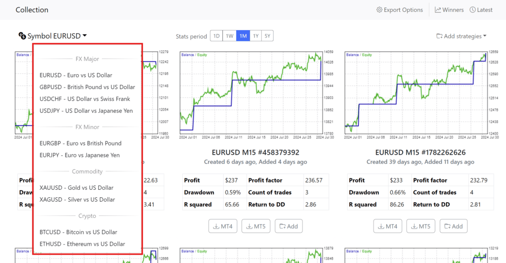 Available pairs and assets in the Top 10 Robots App